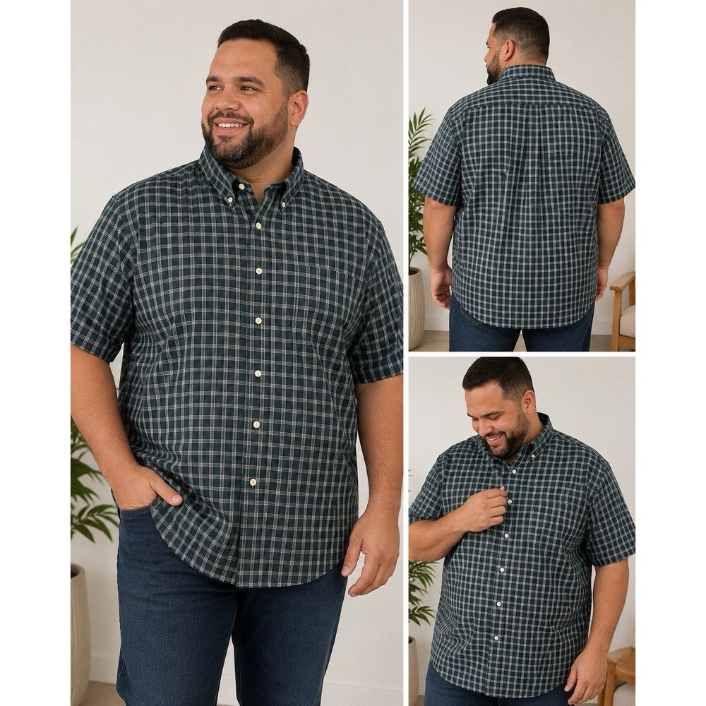Chesterfield Men’s XXL Green Plaid Button Down Shirt Wrinkle Resistant Cotton